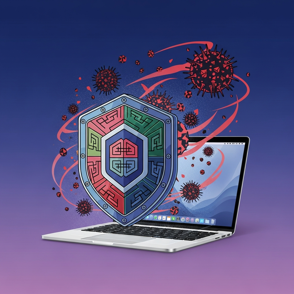 A stylized shield protecting a MacBook, with digital threats like malware and viruses swirling around. The background is a gradient of blue and purple, suggesting a secure digital environment. Clean infographic style, high contrast. Korean appearance, natural expression. No visible text in image.