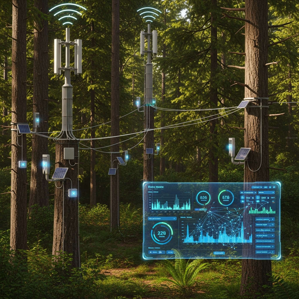 Smart forest sensor network with wireless communication towers, environmental monitoring devices on trees, data visualization dashboard, connected IoT ecosystem in natural forest environment, modern technology integration, no text