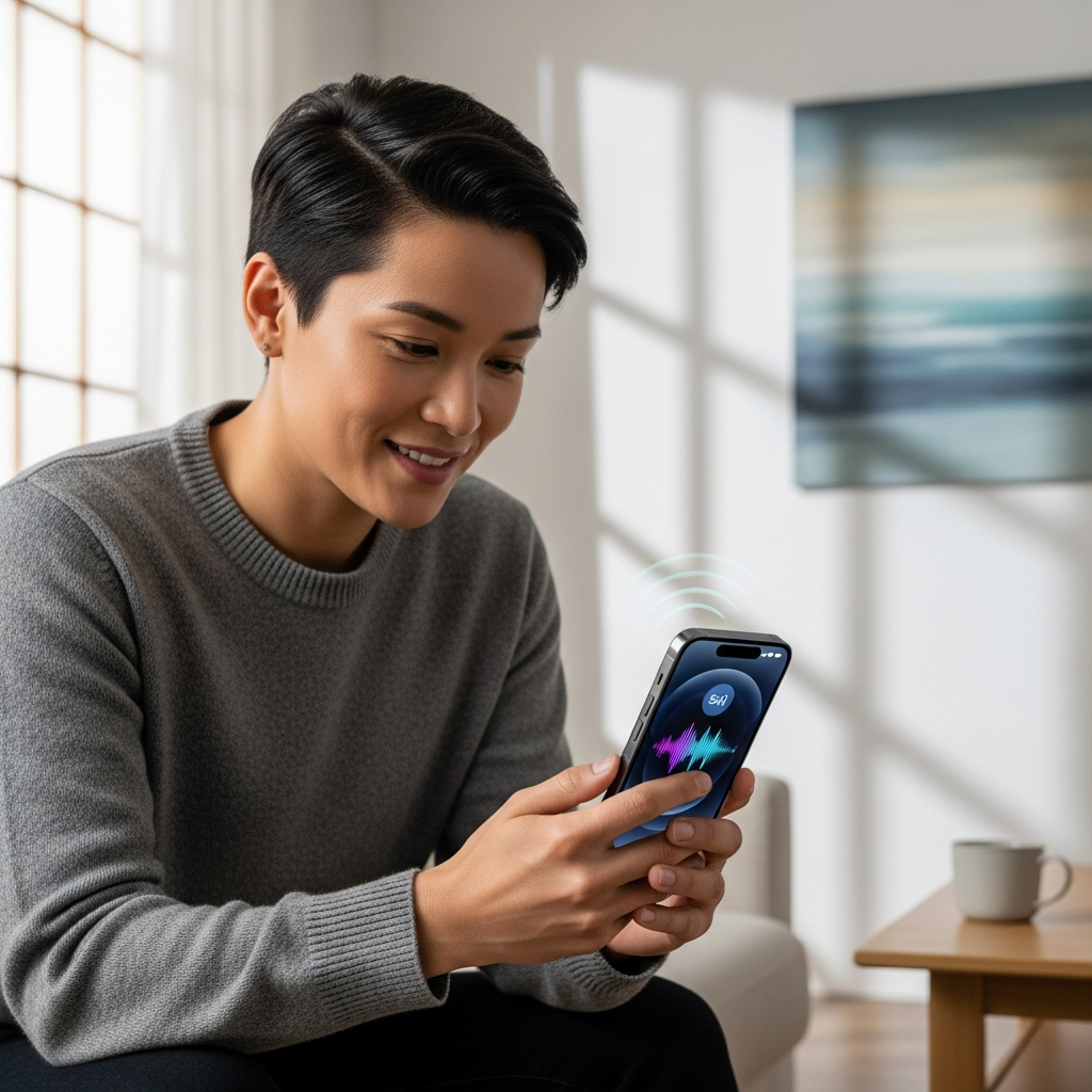 A modern lifestyle photography image showing a diverse Korean person interacting naturally with their iPhone, which displays a vibrant, intelligent Siri interface. The person looks pleased and engaged. The background is a clean, minimalist home environment. Natural lighting. No text in image. Style: lifestyle photography.