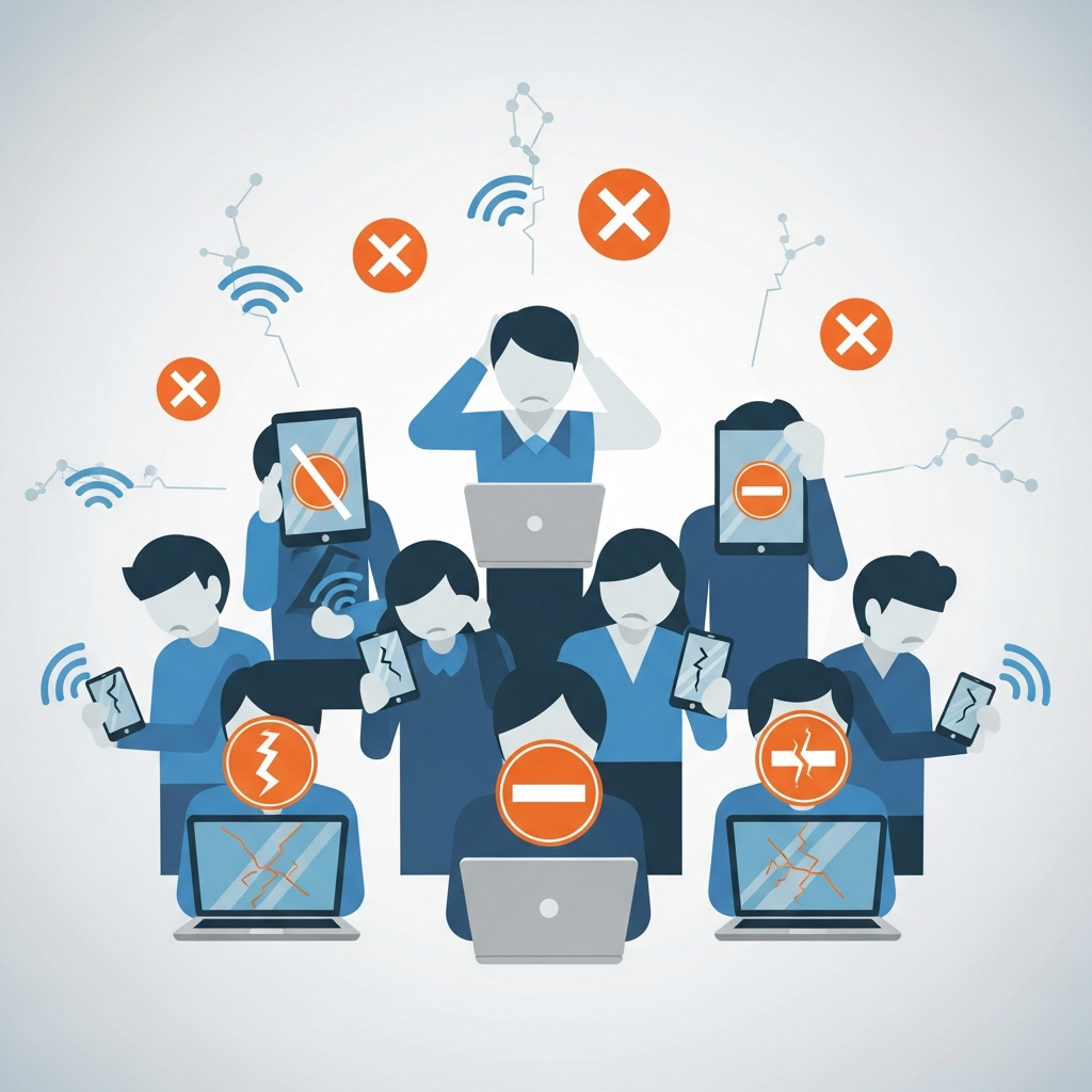 People experiencing frustration and confusion due to a server outage, looking at their non-functional devices. The scene should convey a sense of disruption in a modern, connected world. Style: clean infographic. No text.