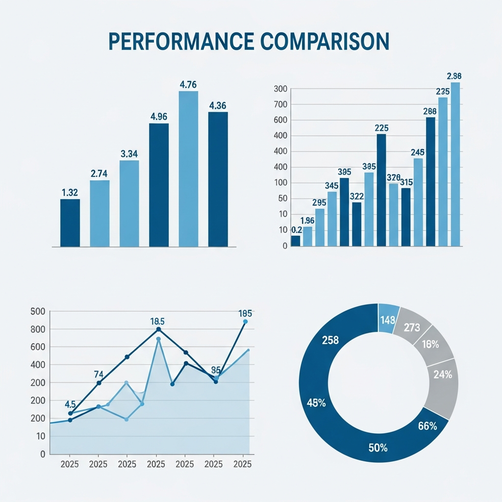 Clean infographic showing performance comparison charts and graphs with bars and numbers, modern design with blue and gray color scheme, professional data visualization style, no text