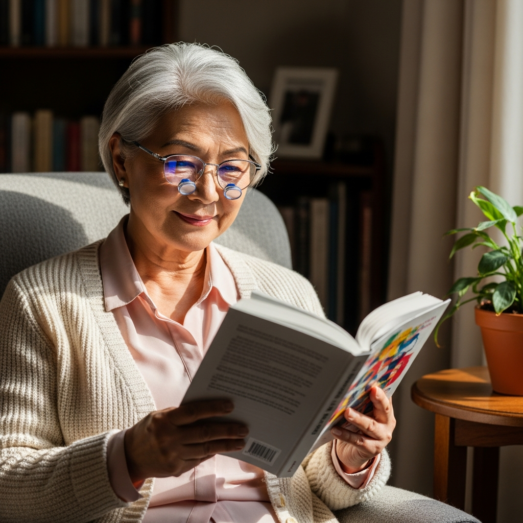Lifestyle photography of a 70-year-old Korean woman, Sheila Irvine, joyfully reading a book at home with special glasses on. The setting is warm and natural, showing her focused expression. No text.