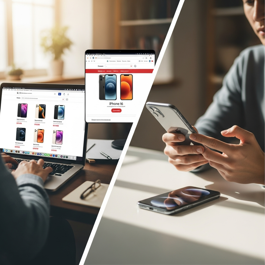 A dynamic split screen showing a person looking at different online retail websites on their laptop, with various iPhone 16 models and prices highlighted. The background is a cozy home office setup with soft natural light. Style: lifestyle photography, warm lighting, natural setting. No text. No visible UI elements.
