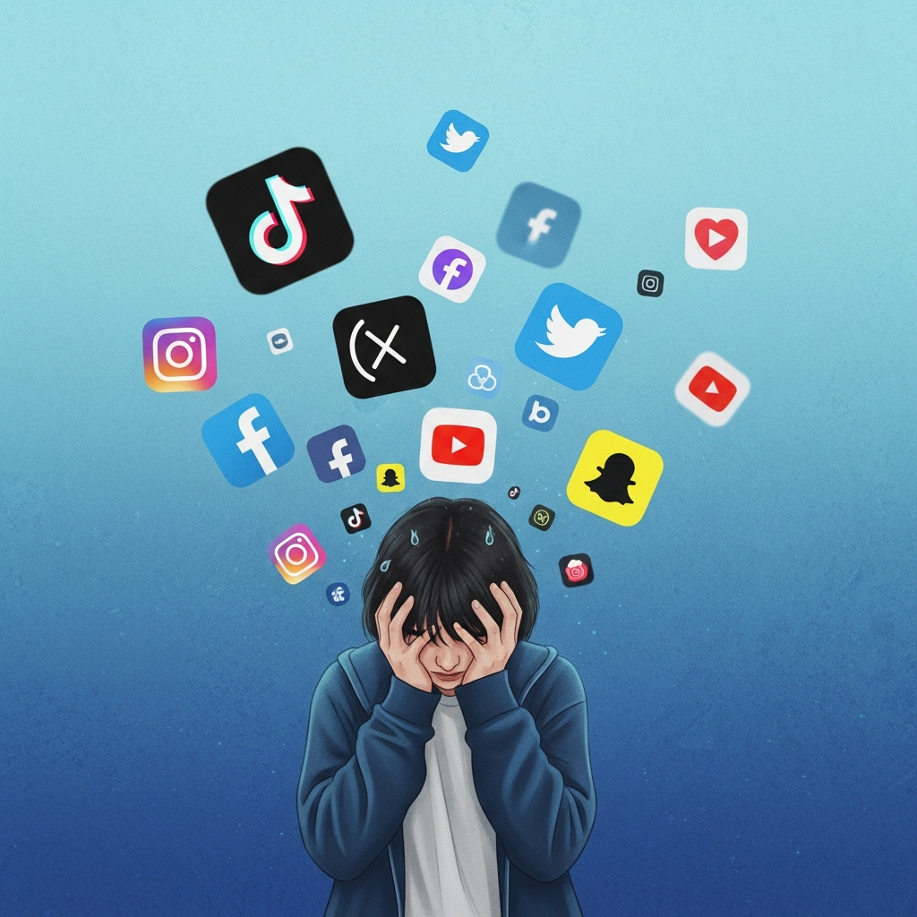 A thought-provoking illustration of a young person, around 14-15 years old, looking distressed while being overwhelmed by various floating social media app icons. The background is a soft, gradient blue, suggesting a digital space. Style: artistic rendering, dream-like quality, textured background. No text.