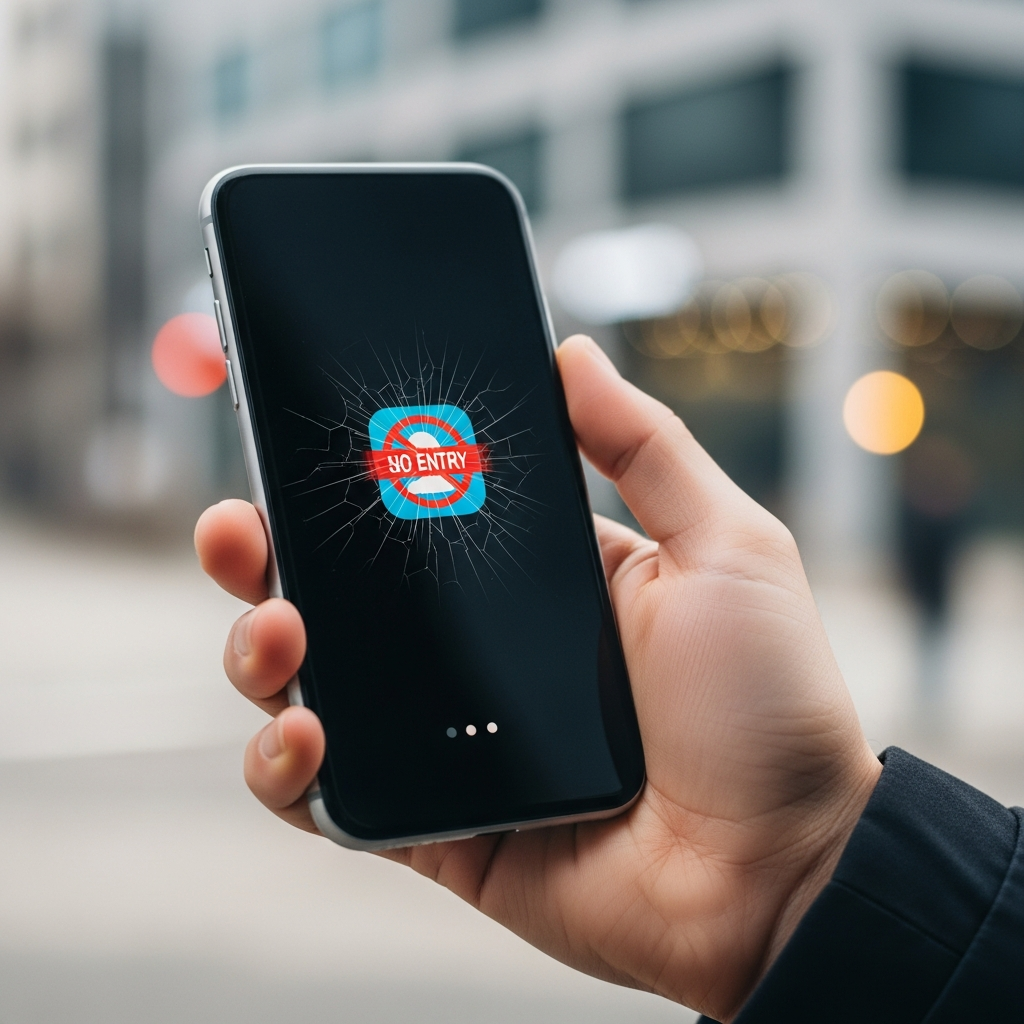 A Korean person's hand holding a smartphone with a broken or blocked social media icon on the screen. The background is slightly blurry, showing a modern, urban setting. Emphasize the feeling of disconnection. Style: lifestyle photography. No text in image.