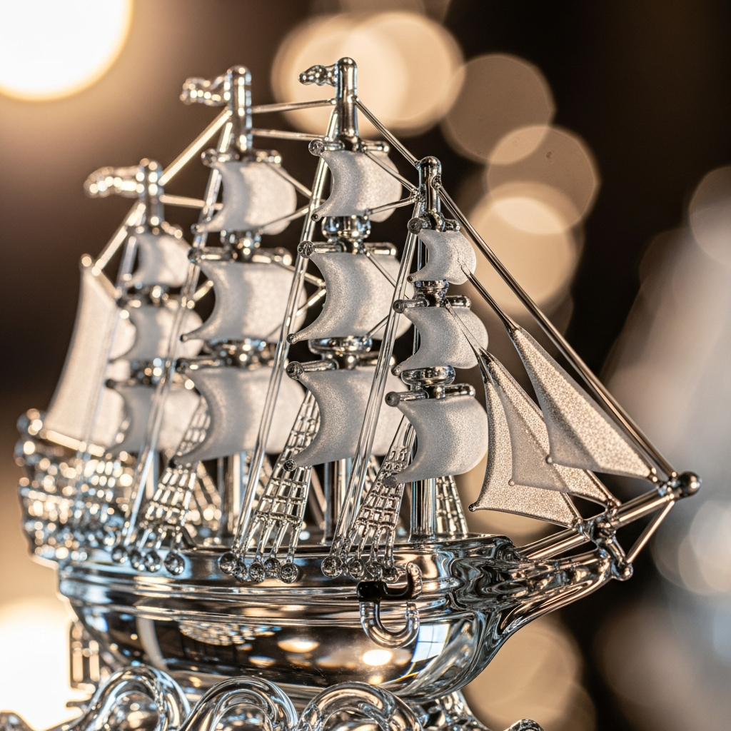 A close-up shot of a meticulously handcrafted glass model, highlighting its intricate details and the precision of human artistry. The background is softly blurred with warm lighting, emphasizing the delicate craftsmanship. No text.