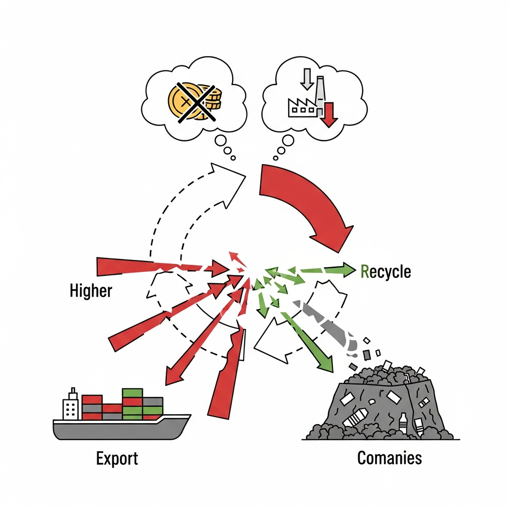 A conceptual illustration depicting a broken circular economy, with arrows showing plastic waste being exported or ending up in landfills instead of being recycled. Highlight the economic disparities that deter companies from using recycled materials. Style: clean infographic. No text.
