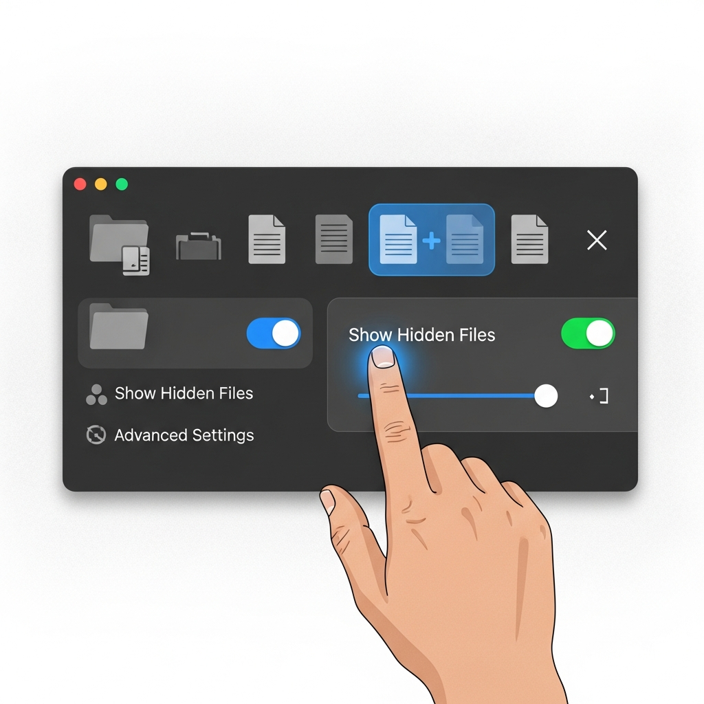 Modern infographic showing a hand interacting with a clean, simplified graphical user interface, revealing hidden MacOS settings. Elements like file icons and toggle switches are visible. The background is a soft, textured grey. Style: clean, modern layout, high contrast. No text.