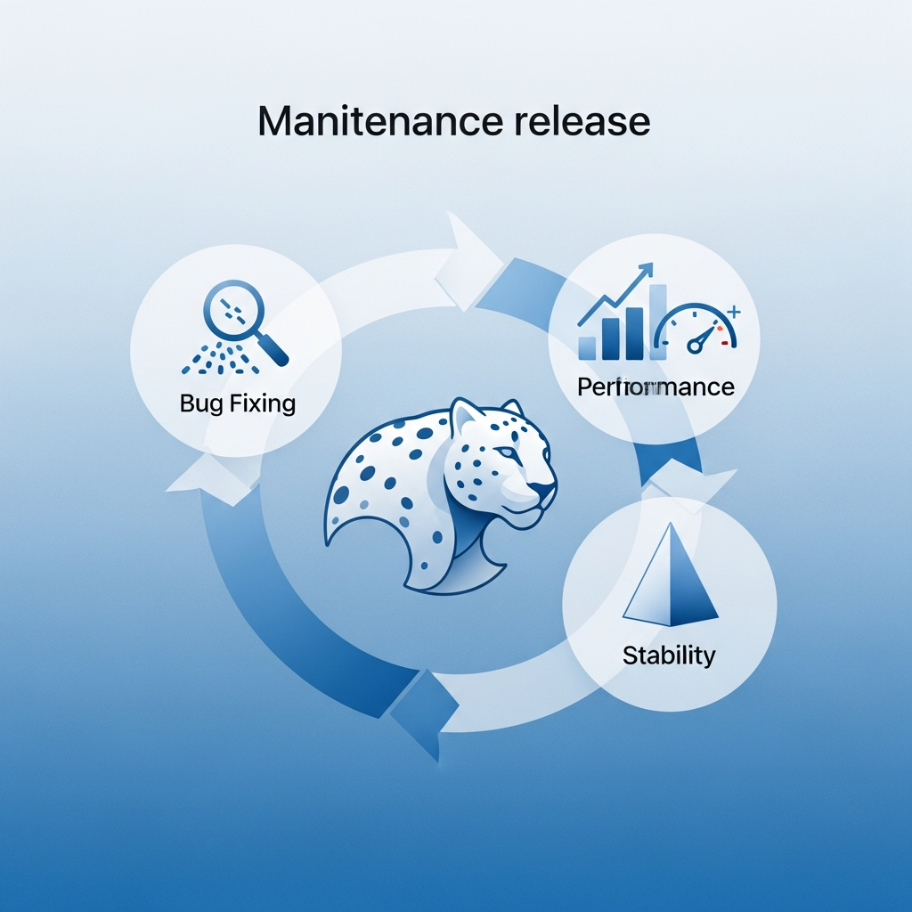 An elegant, modern infographic illustrating the concept of a "maintenance release" for an operating system. Features clean visual elements symbolizing bug fixing, performance optimization, and stability, with a subtle nod to a snow leopard. Cool blue and white color palette. No text. Textured gradient background.