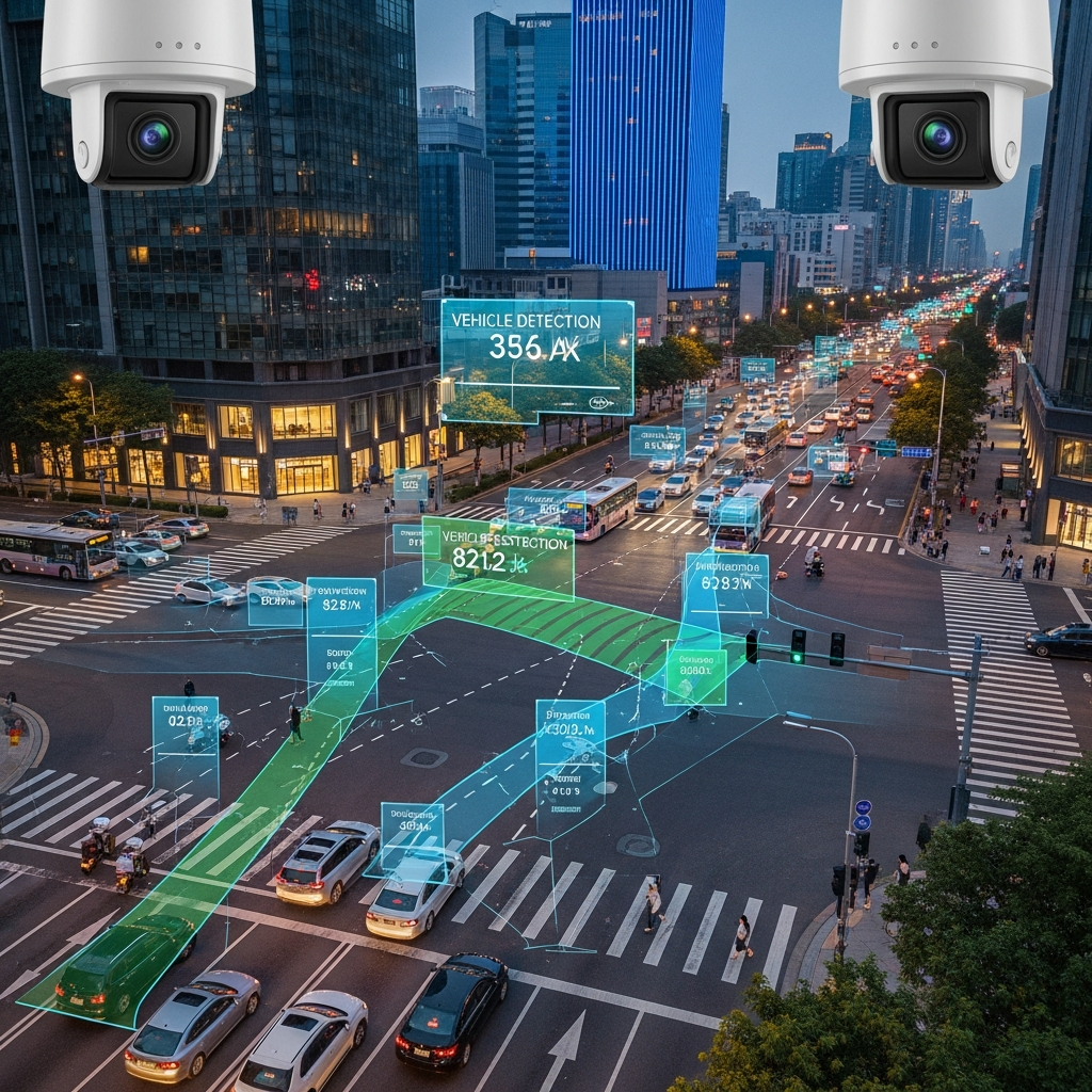 Smart traffic AI cameras monitoring busy intersection, digital overlay showing vehicle detection and analysis, urban cityscape background, evening lighting, modern technology integration, safety monitoring visualization, no text