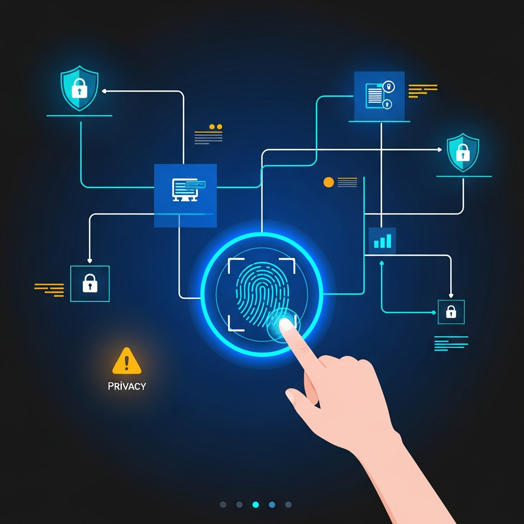 Modern smart security interface showing biometric authentication, encrypted data flow, and privacy protection elements, clean infographic style, high contrast colors, professional background, no text