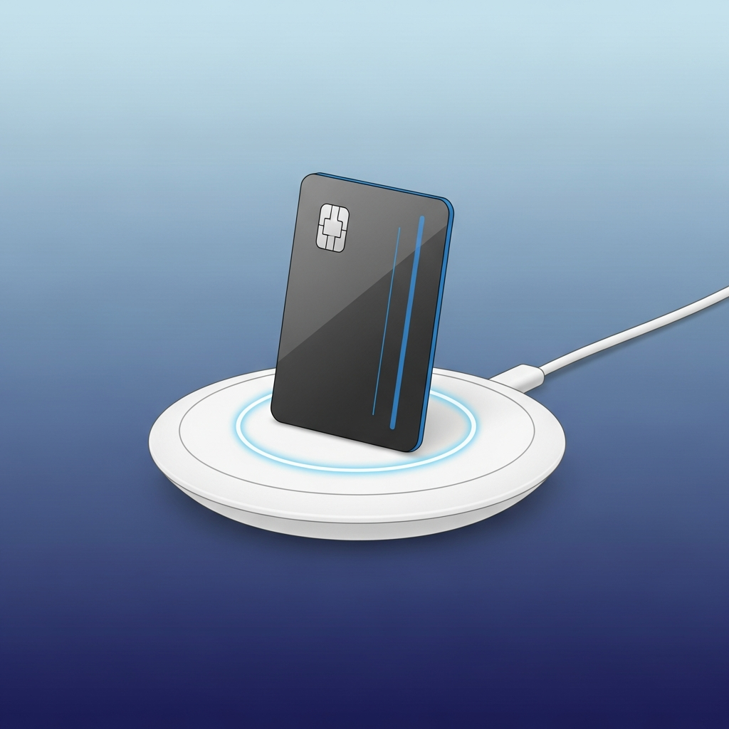 A sleek, credit card-shaped smart tracker resting on a modern Qi wireless charging pad. A subtle glow indicates charging. The background is a minimalist, gradient surface. Style: clean infographic, modern layout, high contrast, colored background, no visible text.
