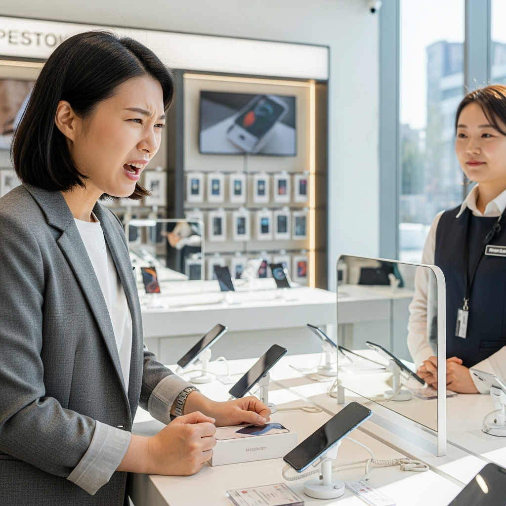 Lifestyle photography showing a Korean person at a phone store looking frustrated while buying a replacement smartphone, modern electronics store interior, natural lighting, realistic scene, no text