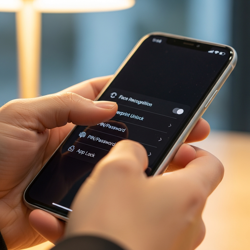 Close-up lifestyle photography of Korean hands setting up smartphone security features, screen showing security settings, modern indoor lighting, realistic detail, no text