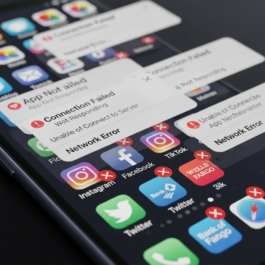 Close-up of smartphone screen showing multiple app error messages and connection failures. Various popular social media and banking app icons with error symbols. Realistic mobile interface design. No text.