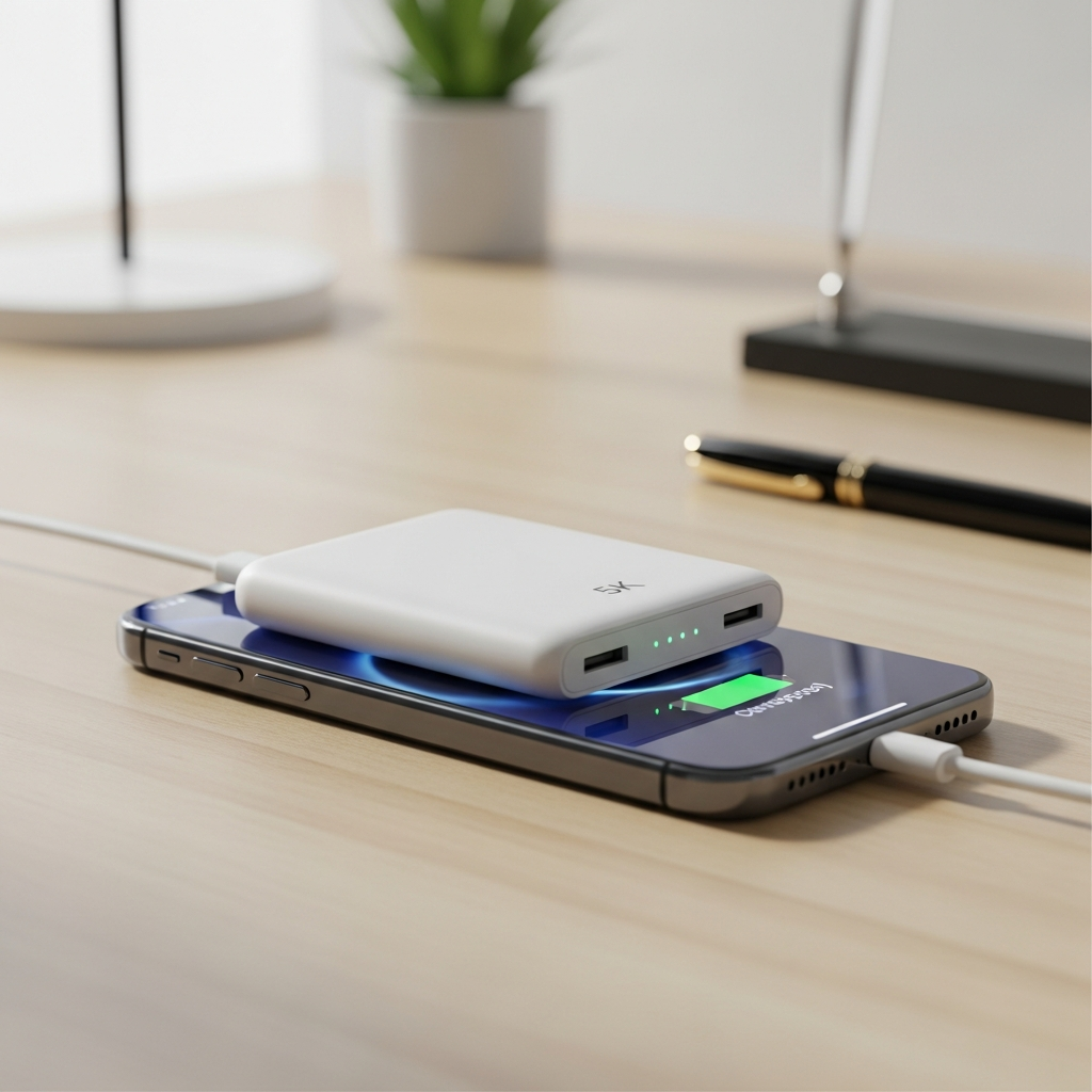 A clean lifestyle photography shot of a sleek 5K power bank magnetically attached to a modern smartphone, charging. The background is a minimalist, bright desk setting. Natural lighting, no text.