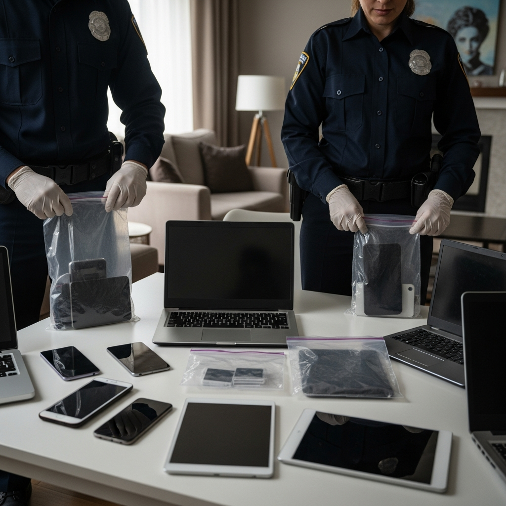 Police officers carefully collecting electronic devices including laptops, smartphones and tablets from a home during an investigation. Professional, serious atmosphere with evidence bags. Documentary photography style. No text.