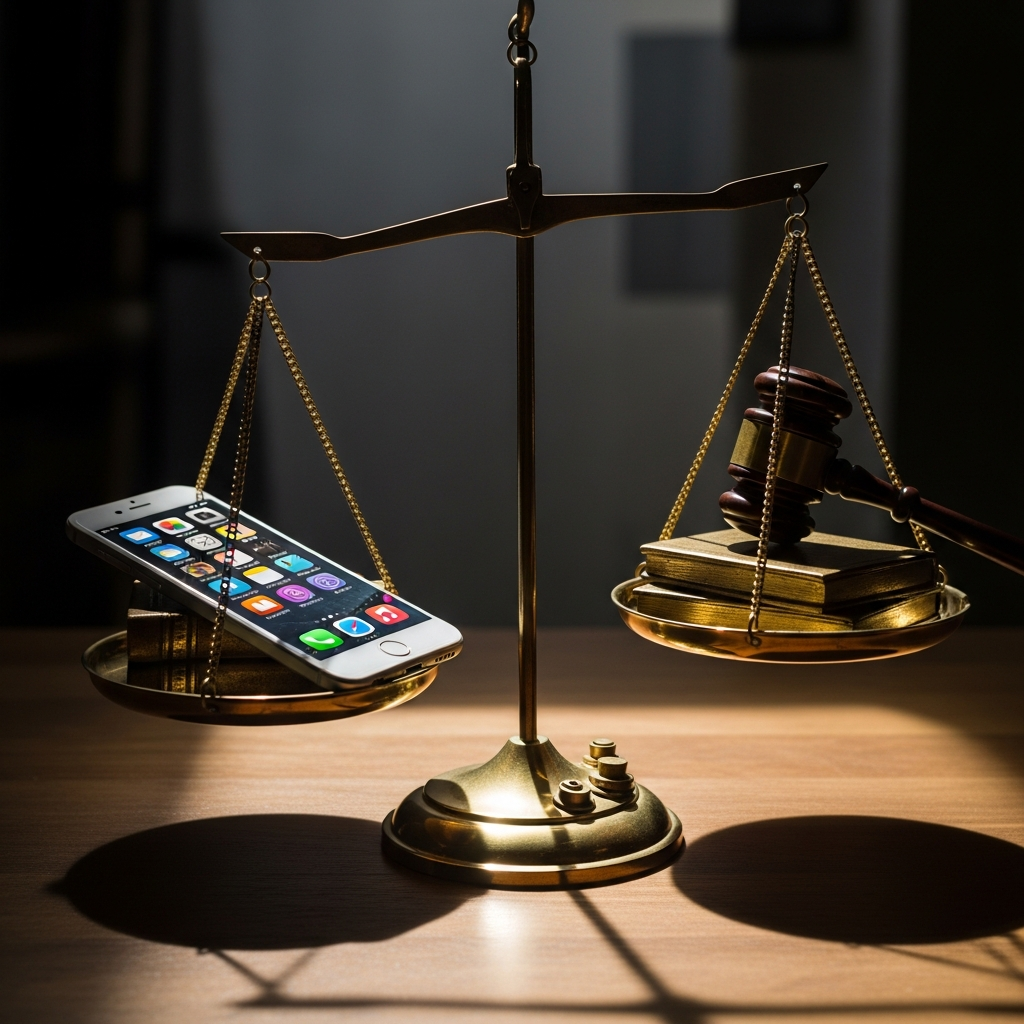 Symbolic image showing a smartphone with app icons balanced on legal scales of justice, representing tech regulation and fair competition. Professional still life photography with dramatic lighting. No text.