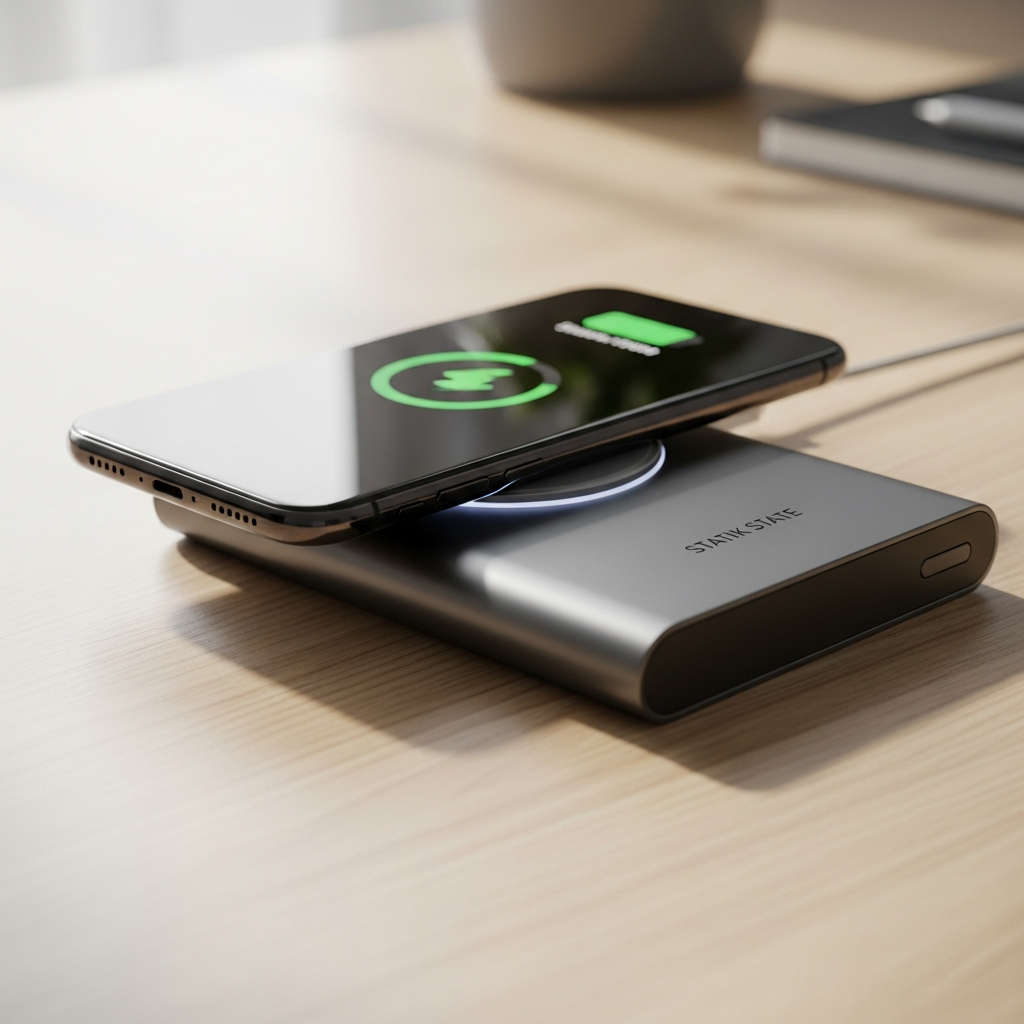 A modern smartphone being wirelessly charged by a sleek Statik State power bank. The setup is on a clean, light-colored desk, with soft natural light illuminating the scene. The focus is on the charging connection. Lifestyle photography, no text.
