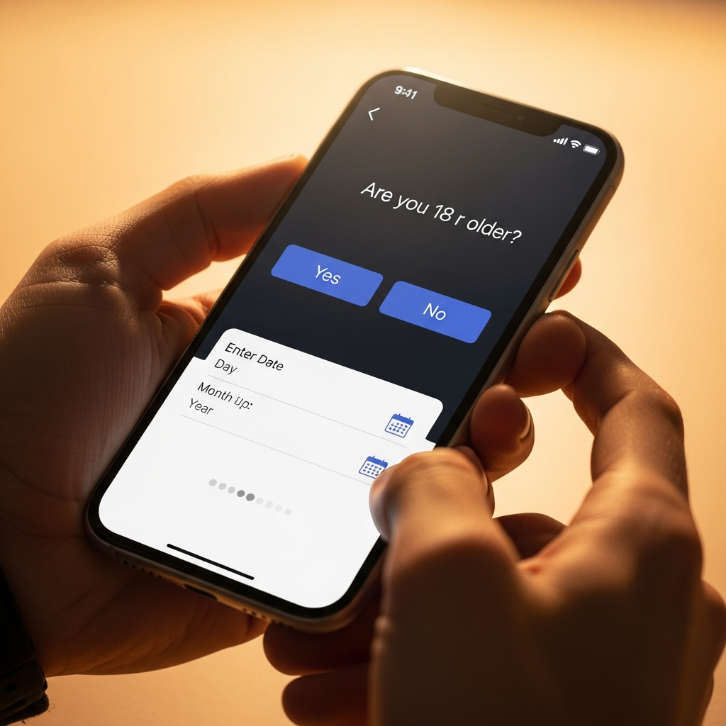 Close-up of hands holding smartphone showing age verification interface, modern UI design, warm lighting, realistic details, professional photography style, colored background, no text