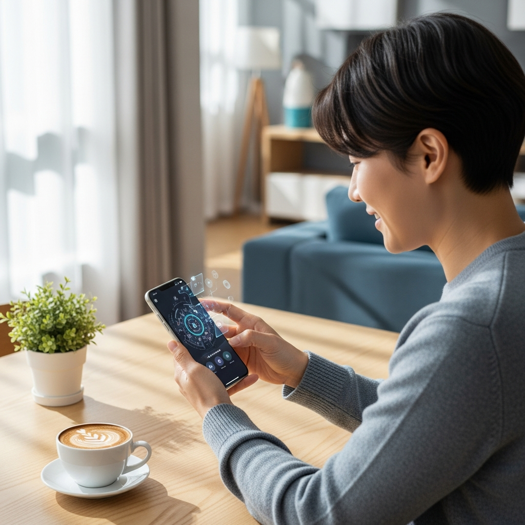 Korean person using smartphone to access AI services, modern lifestyle setting, natural lighting, clean composition, technology in daily life, no text