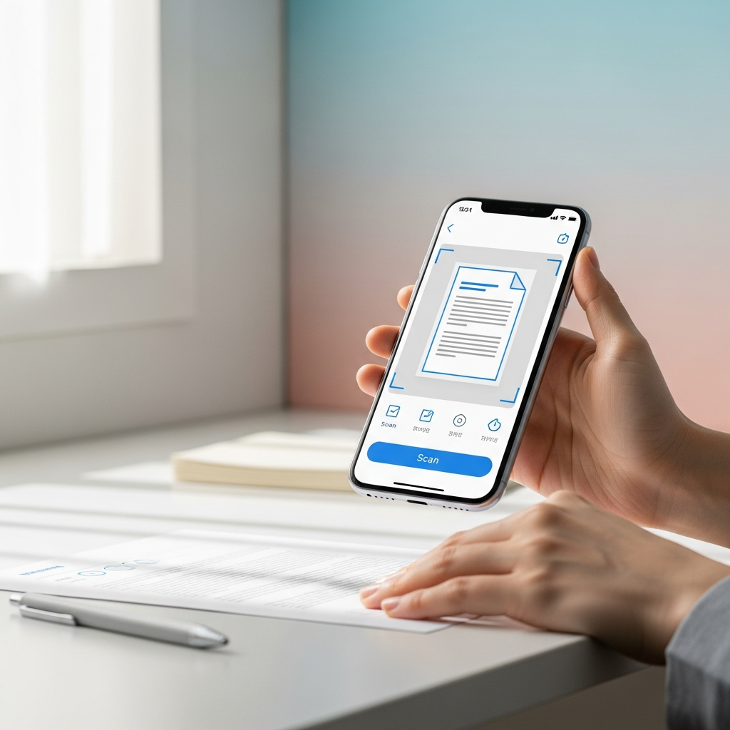 Korean person holding a smartphone, scanning a document on a desk with natural lighting. The phone screen shows a clean, modern scanning interface with clear edges. The background is a minimalist office setting with a colored gradient wall. No visible text, clean infographic style.