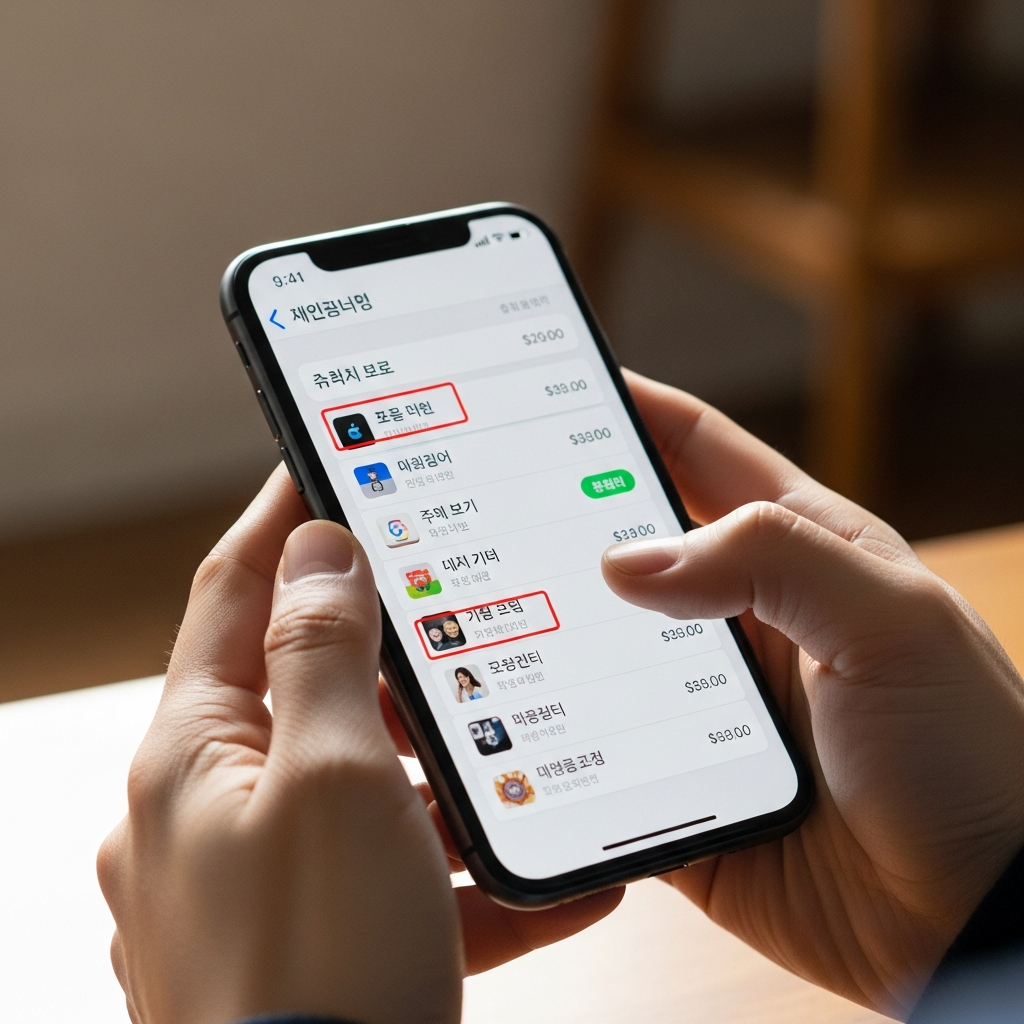 Korean person using iPhone to check app purchase history and compensation process, close-up shot of hands holding smartphone with app store interface, natural indoor lighting, lifestyle photography. No text.