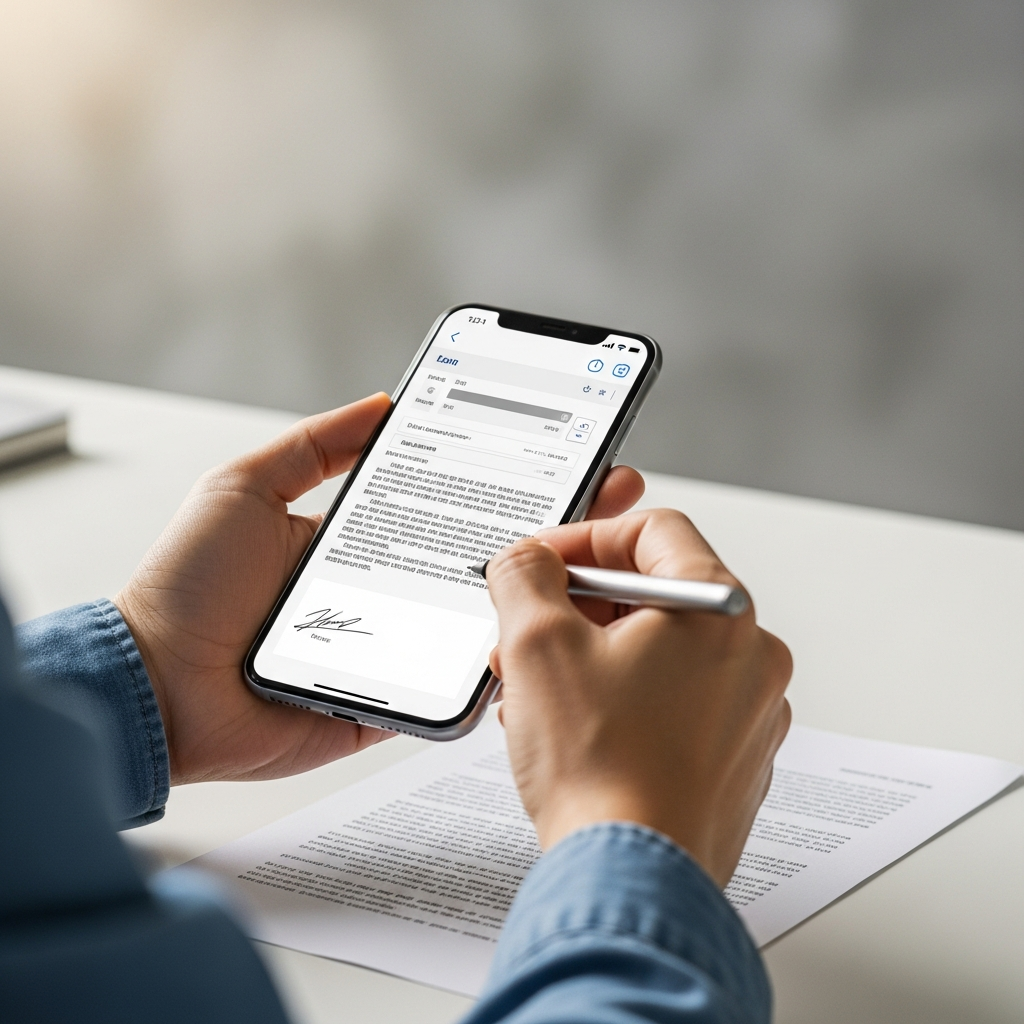 A Korean person's hands holding a smartphone, actively editing a scanned document on the screen, possibly adding a signature or highlighting text. The background is a modern, clean office desk with soft, natural lighting and a textured wall. The focus is on the interactive editing process. No visible text, lifestyle photography.