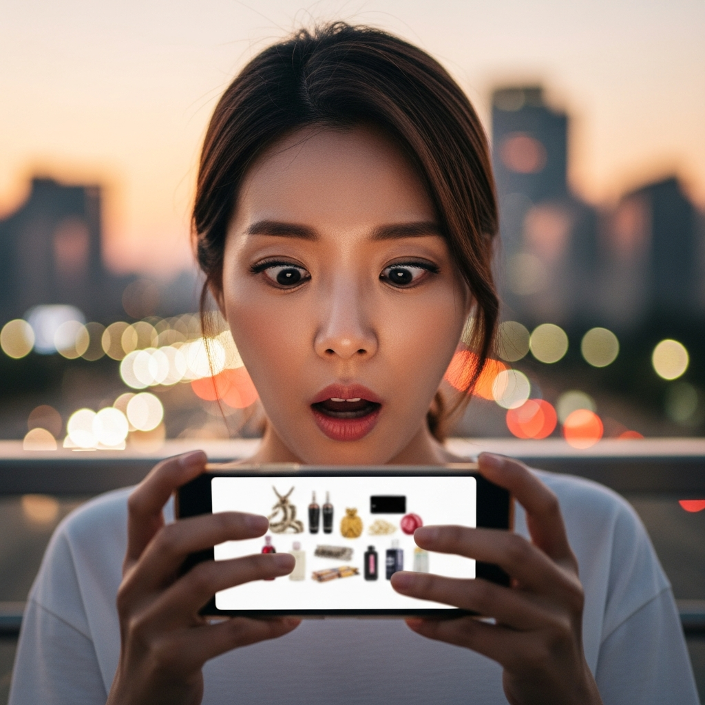A shocked Korean woman looking at a smartphone screen, displaying a blurry image of controversial online shopping items, with a subtle, blurred background of a modern city at dusk. Style: lifestyle photography, warm lighting, natural expression, centered focus.