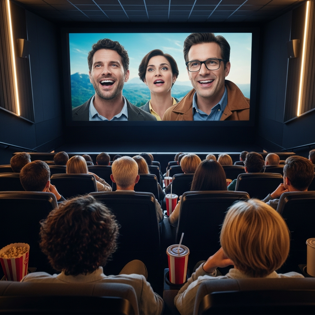 A diverse audience in a modern movie theater watching a foreign film with seamless dubbing technology. The screen shows actors speaking naturally in different languages. Warm cinema lighting with engaged viewers. No text.