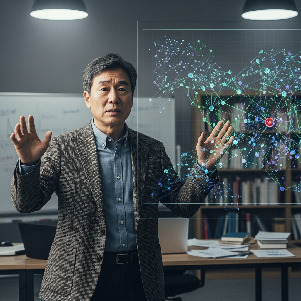 Realistic illustration of a concerned professor (Korean appearance, middle-aged man) standing in front of complex AI neural network visuals, gesturing as if explaining serious risks. The background is a muted, intelligent-looking office or research lab with soft, balanced lighting. No visible text.