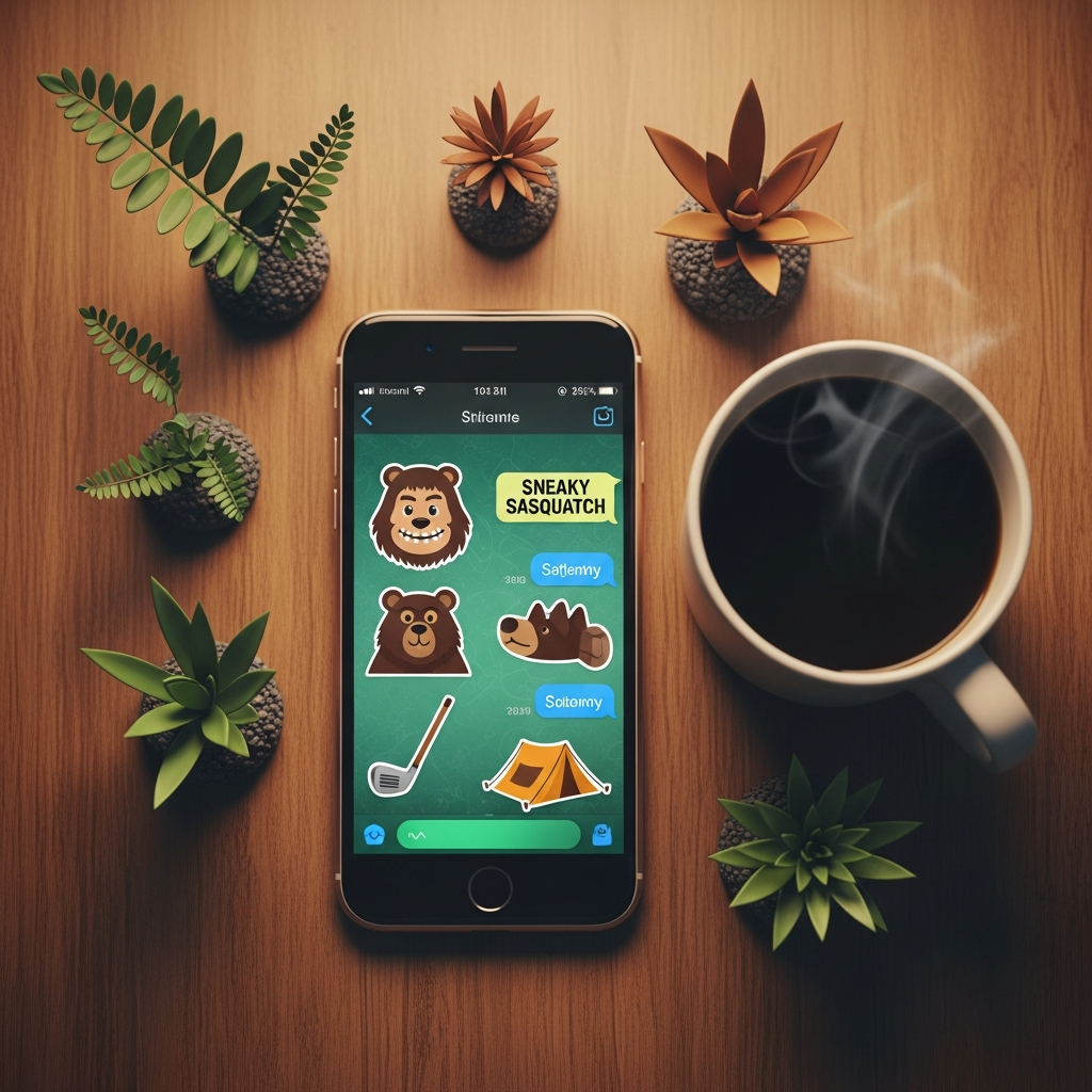 A flat lay style image showing an iPhone displaying a chat with "Sneaky Sasquatch" stickers, next to a cup of coffee and some small, stylized plant elements. Lifestyle photography, warm lighting, textured wooden table background. No text.