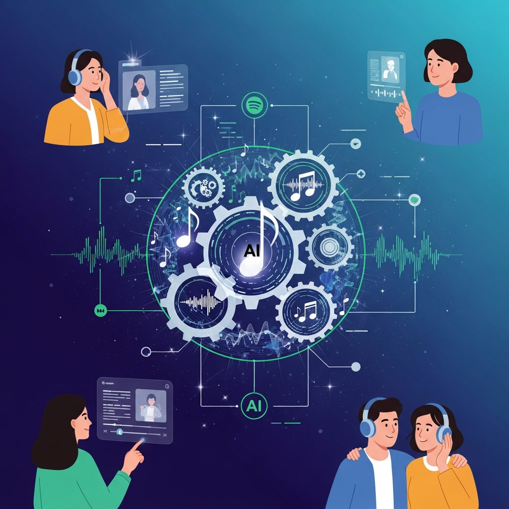 A clean infographic illustrating the intersection of Spotify's music streaming platform and artificial intelligence, with gears and musical notes intertwining. Emphasize innovation and collaboration in a futuristic, vibrant style. Korean people are shown interacting with music. No text in image.