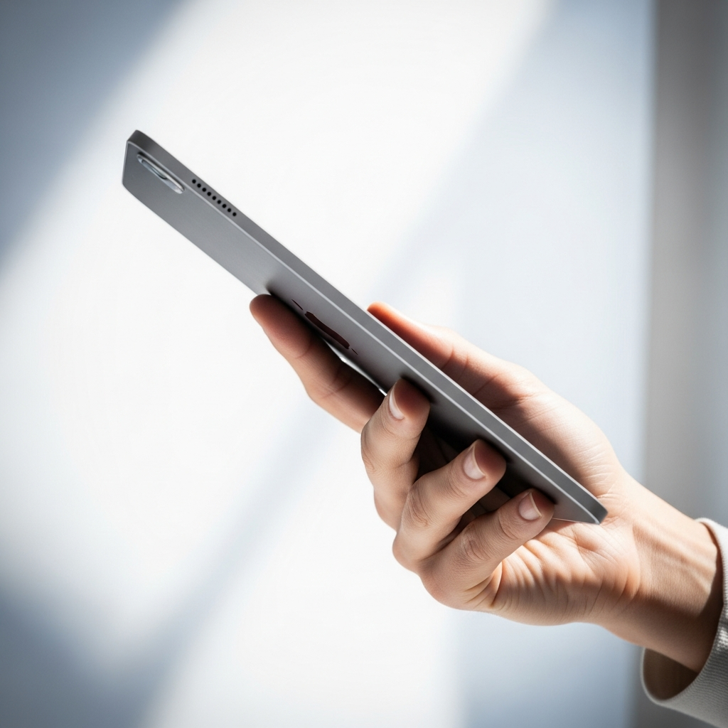 A close-up, dynamic shot of a slim iPad Pro detached from its Magic Keyboard, held elegantly in a person's hand. Emphasize its thinness and portability. Style: lifestyle photography, clean background with soft gradients, bright lighting. No text.