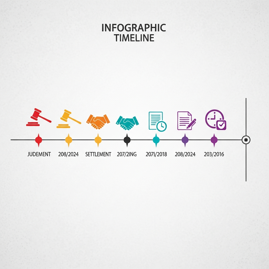 A clean, modern infographic timeline illustrating key dates and events in a legal dispute, with abstract icons representing each milestone. The background is a subtle textured grey, no text.