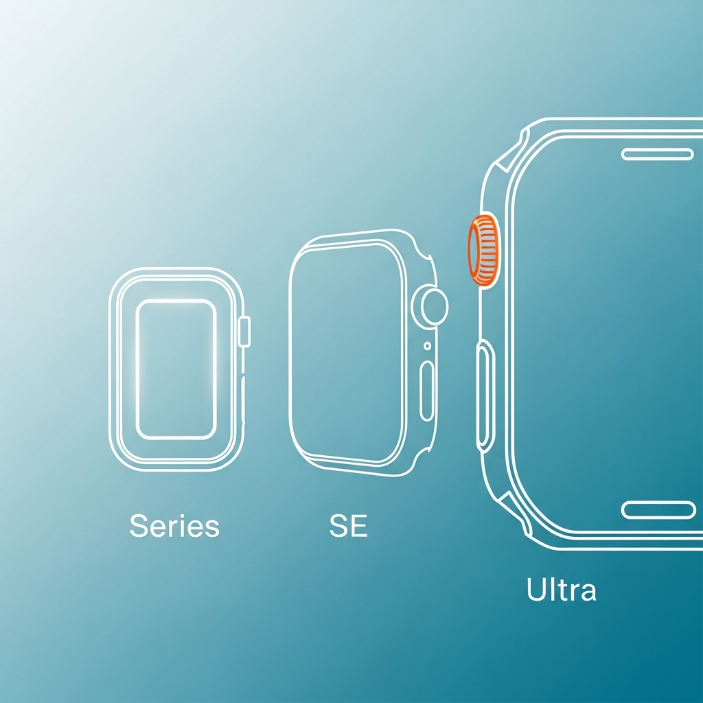 An abstract, modern infographic comparing three distinct Apple Watch outlines (representing Series, SE, and Ultra) on a gradient background. Each outline subtly highlights unique features like screen size or ruggedness with clean, high-contrast visual cues. Bright, balanced lighting. No visible text.