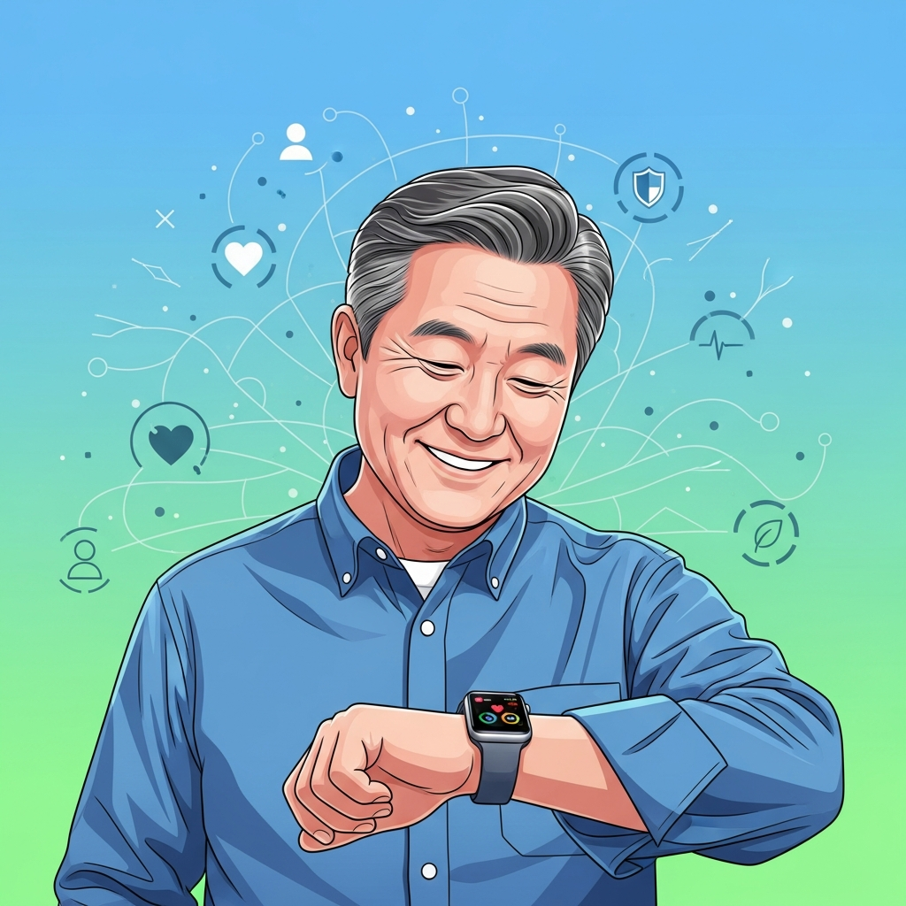 A modern illustration of a happy senior Korean person smiling while looking at their Apple Watch. The background features subtle interconnected lines and health-related icons (like a heart or shield) on a clean gradient background, symbolizing connectivity and well-being. Bright, balanced lighting. No visible text.