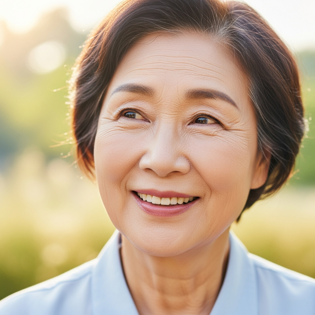 A close-up lifestyle photograph of a happy Korean elderly person smiling warmly, suggesting restored vision and hope. Bright, natural lighting. No text.