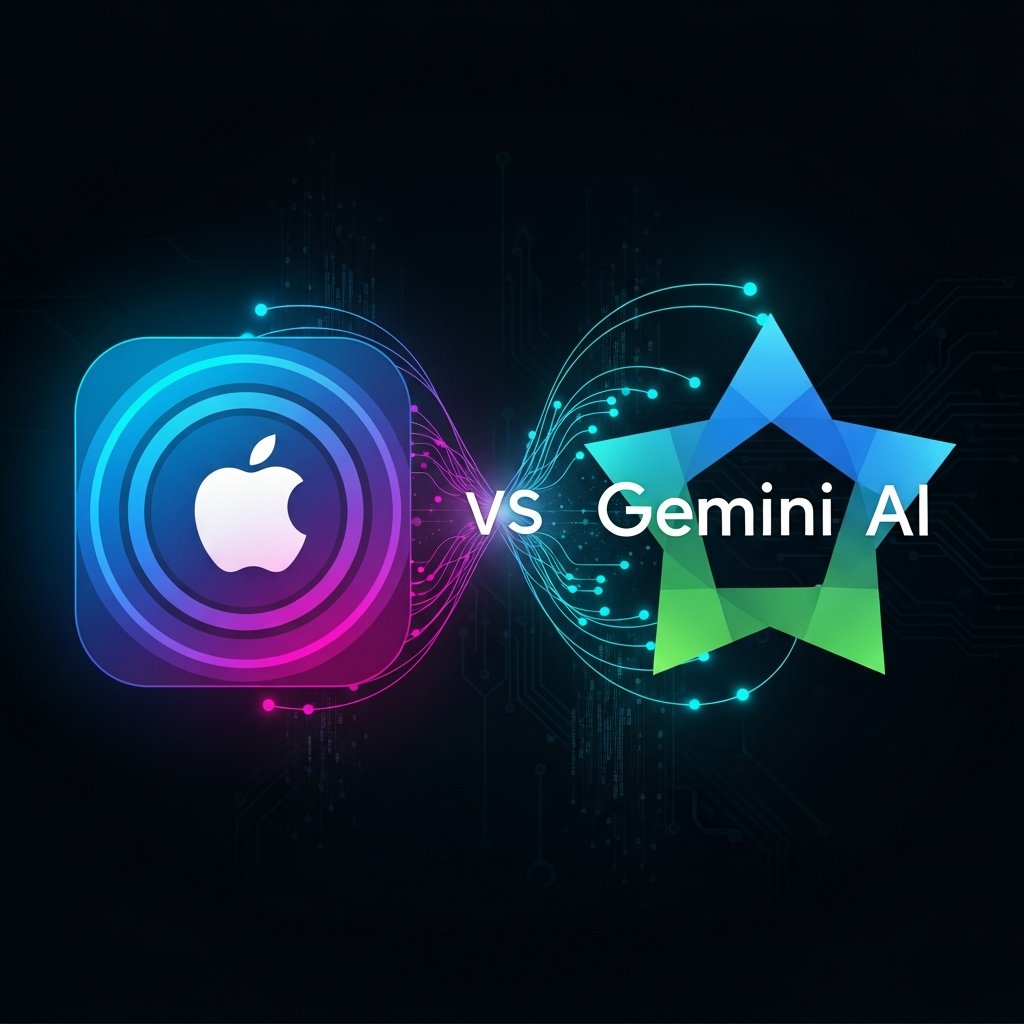 A stylized infographic showing the Apple Siri logo merging with the Google Gemini AI logo, illustrating a powerful collaboration. The design is clean and futuristic, with digital lines connecting the two entities. No text.