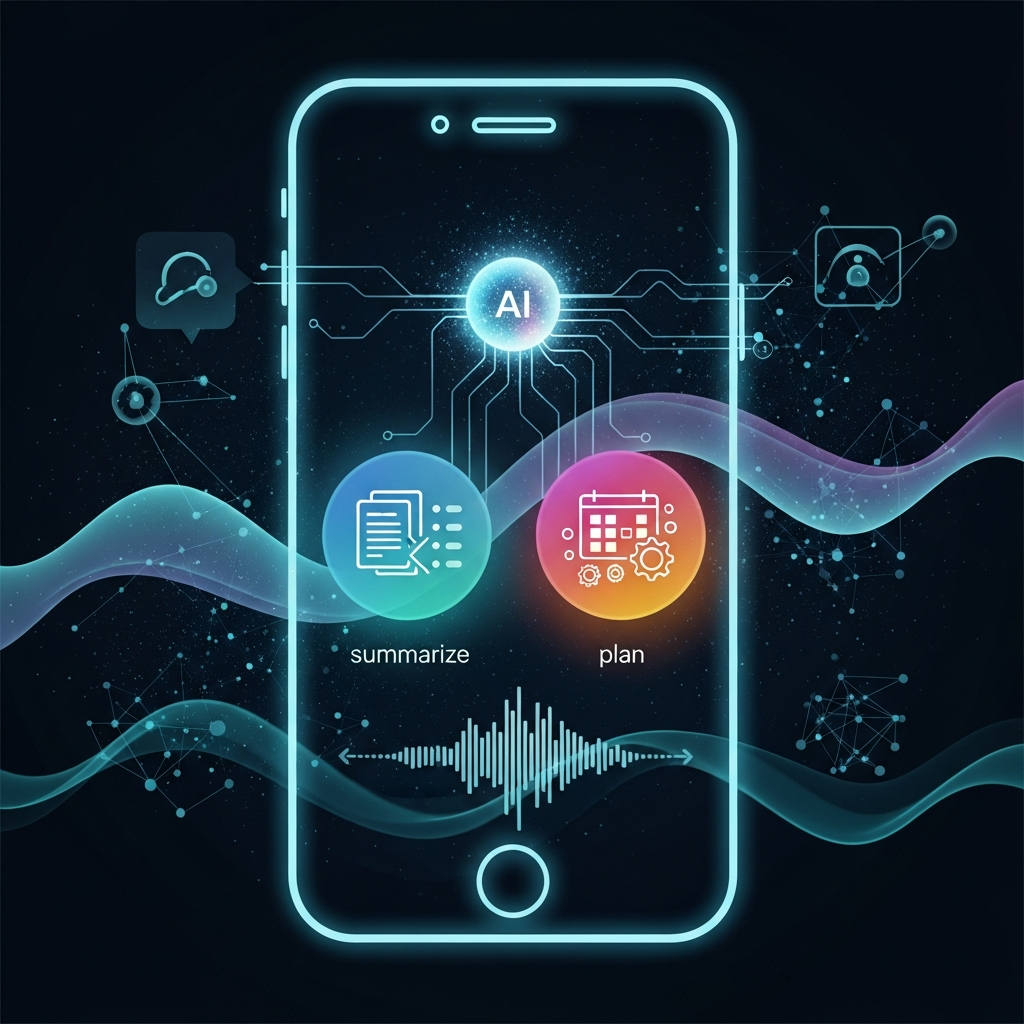 A dynamic infographic showing Siri's interface with enhanced "summarize" and "plan" icons, illustrating its improved capabilities to understand and execute complex tasks. Use modern digital design. No text.