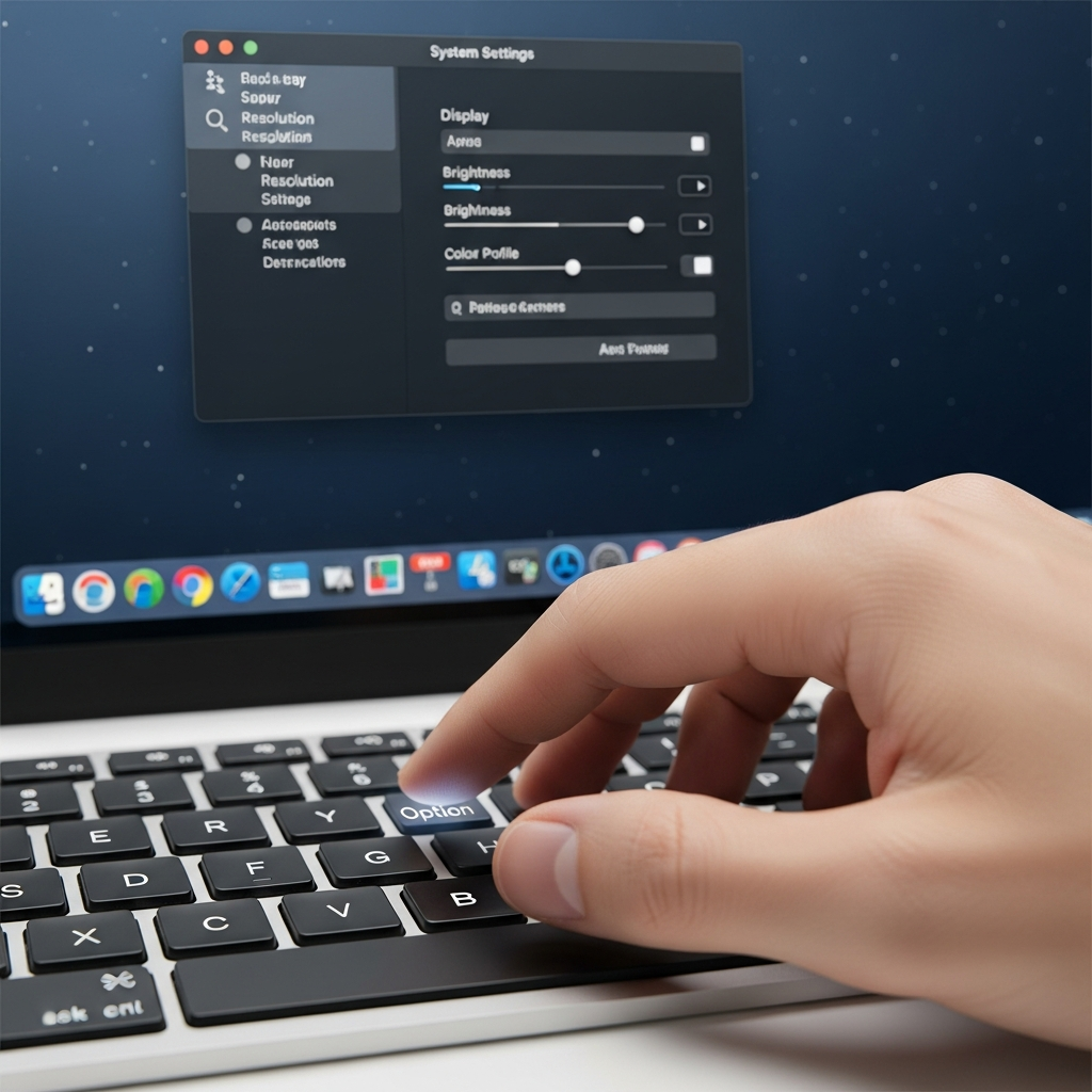 An infographic showing a hand interacting with a Mac keyboard, with the Option key highlighted. On a screen in the background, a System Settings window is open, specifically showing Display settings being accessed quickly. Clean, modern, high contrast. No visible text.