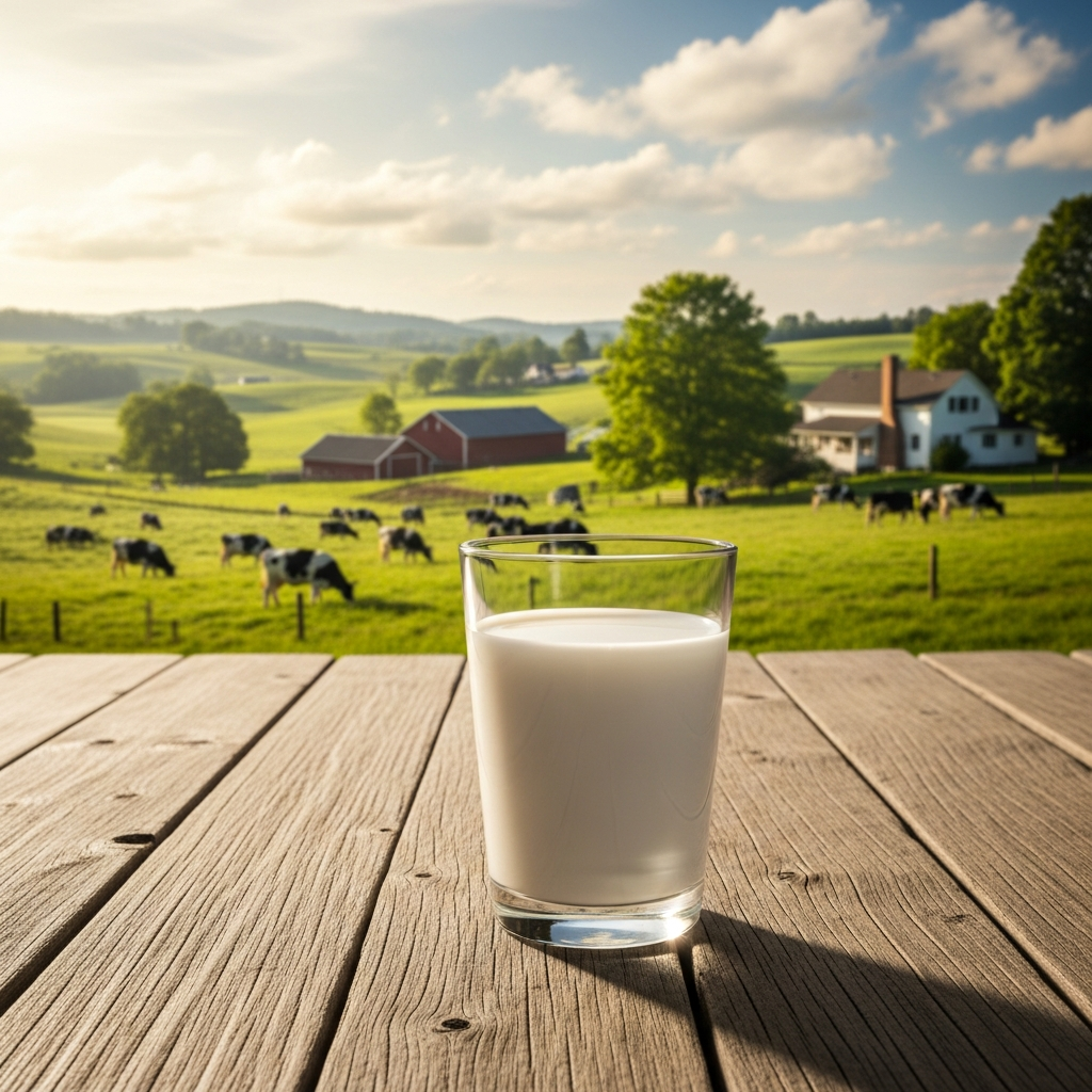 A glass of fresh milk on a wooden table with pastoral farm landscape in background, natural morning lighting, countryside atmosphere, healthy lifestyle concept, no text.