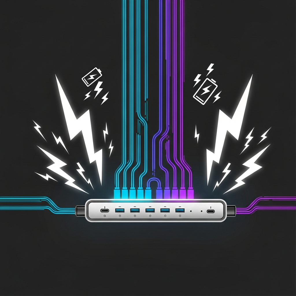 An energetic infographic illustrating high-speed data transfer and powerful charging capabilities of a Thunderbolt 5 dock. Show electricity bolts, network cables, and charging icons. Style: clean infographic, modern layout, high contrast. No text.