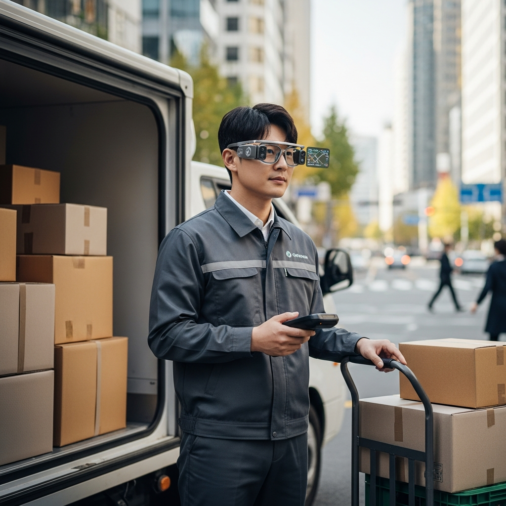 A Korean delivery driver wearing futuristic smart glasses with a small display, standing next to a delivery truck with packages. The glasses have a sleek design with visible camera and display elements. Realistic lifestyle photography with natural lighting, urban delivery setting background.
