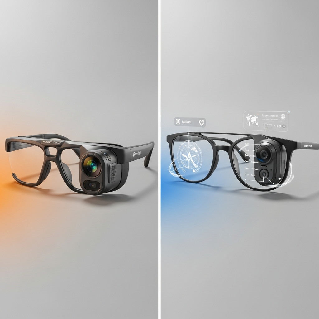 Side-by-side comparison showing professional delivery-focused smart glasses versus consumer-oriented smart glasses. Clean product photography style with both devices displayed on modern background, highlighting different use cases and target markets.