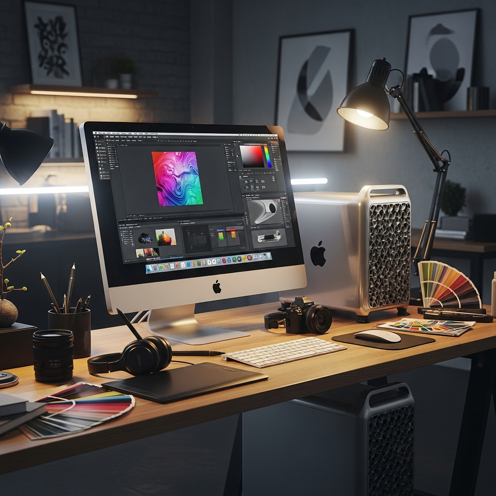Apple iMac and Mac Pro in professional studio environment, creative workspace with design tools, artistic lighting setup, modern tech aesthetic, premium workstation atmosphere, no text