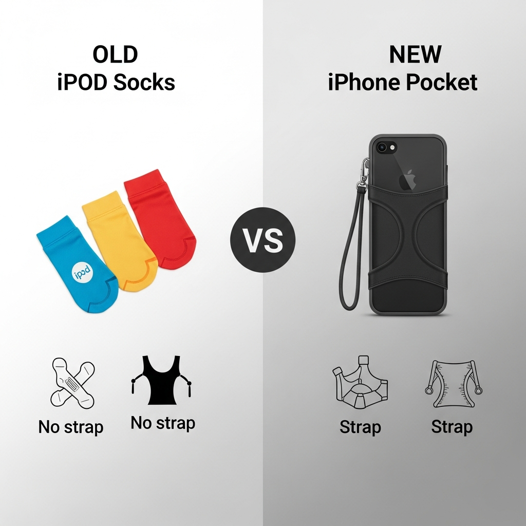 A clean infographic comparing the old iPod Socks and the new iPhone Pocket. Show the iPod Socks as simple colorful pouches, and the iPhone Pocket with a strap and a more defined, stretchable structure. Use icons to highlight features like "no strap" vs "strap". Modern layout, clear distinction, gradient background. No text.