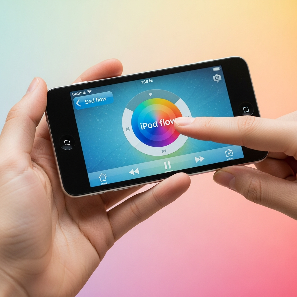 A vibrant lifestyle photograph showcasing an original iPod touch held horizontally, displaying the Cover Flow music interface. The user's finger is gently sliding across the screen. The background is a soft, artistic gradient with warm colors, creating a nostalgic yet modern feel. Bright, balanced lighting, centered focus. No visible text. Korean appearance.