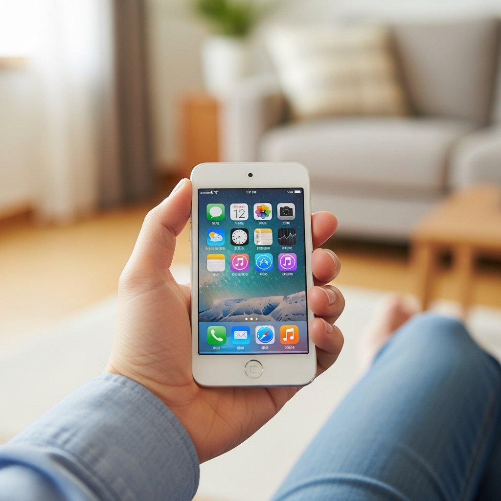 A close-up lifestyle photograph of a person's hand holding an original iPod touch. The screen shows a vibrant interface, and the background is a softly blurred, warm-toned living room. Bright, natural lighting, centered focus. No visible text on the device or in the image. Korean appearance.
