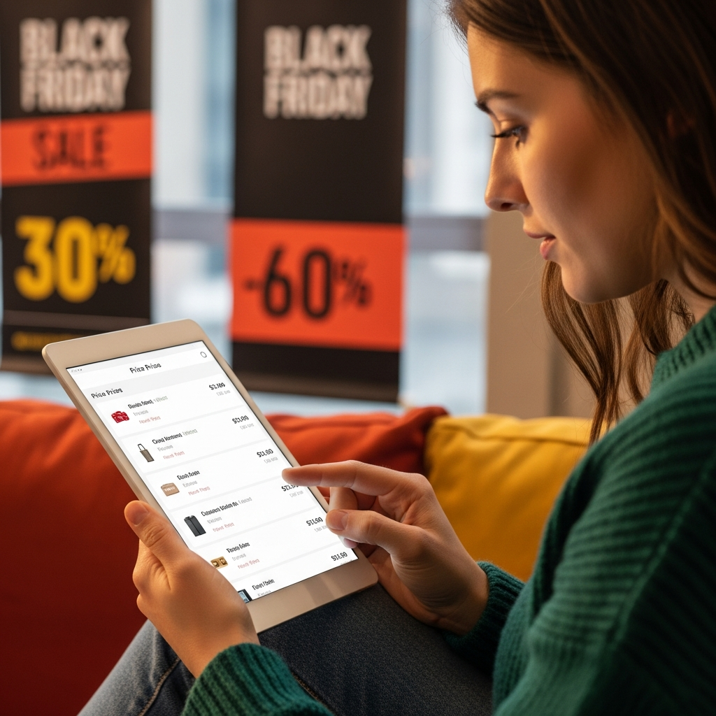 A person comparing prices on a tablet screen, looking focused and making a smart decision, with a hint of Black Friday sale banners in the background. Style: lifestyle photography, warm lighting, natural setting, colored background, no text.